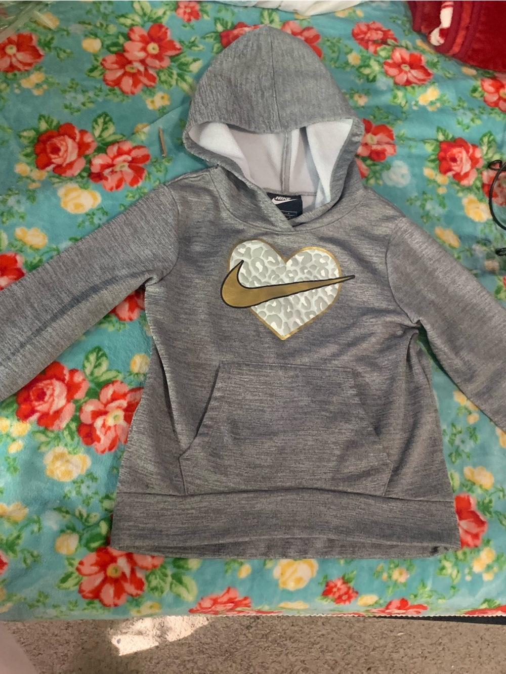 Nike Gray Hoodie with Gold Swoosh Heart Accent Over White Puffed Leopard Heart